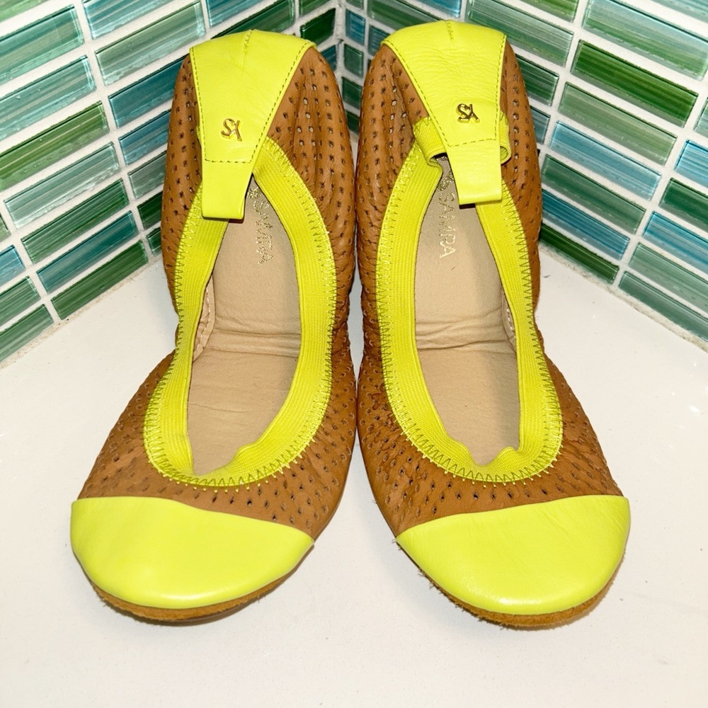 YOSI SAMRA The Samantha Leather Foldable Rubber Sole Flats TAN & Neon SZ: 7
